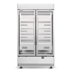 BME1200N A 2 door glass door commercial fridge, lit sign