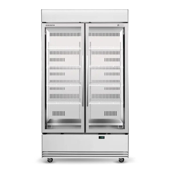 BME1200N A 2 door glass door commercial fridge, lit sign