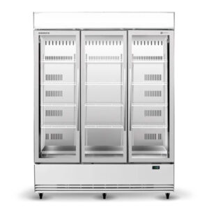 BME1200N A 3 door glass door commercial fridge, lit sign