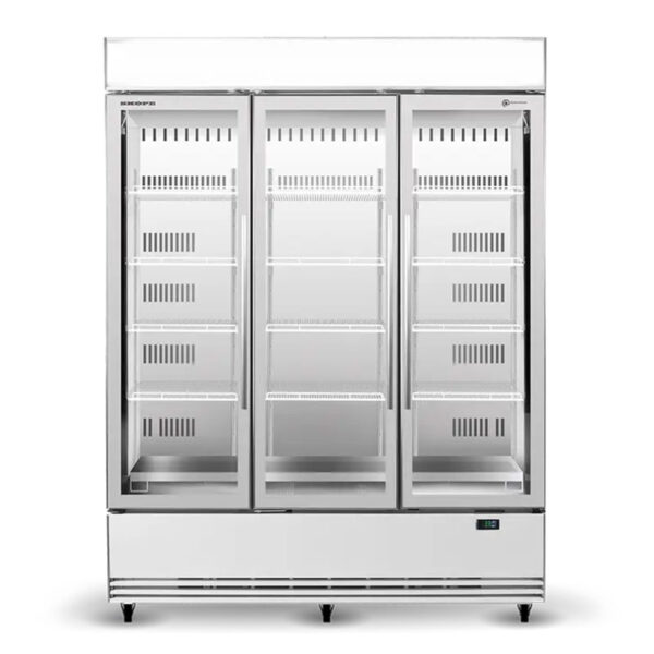 BME1200N A 3 door glass door commercial fridge, lit sign